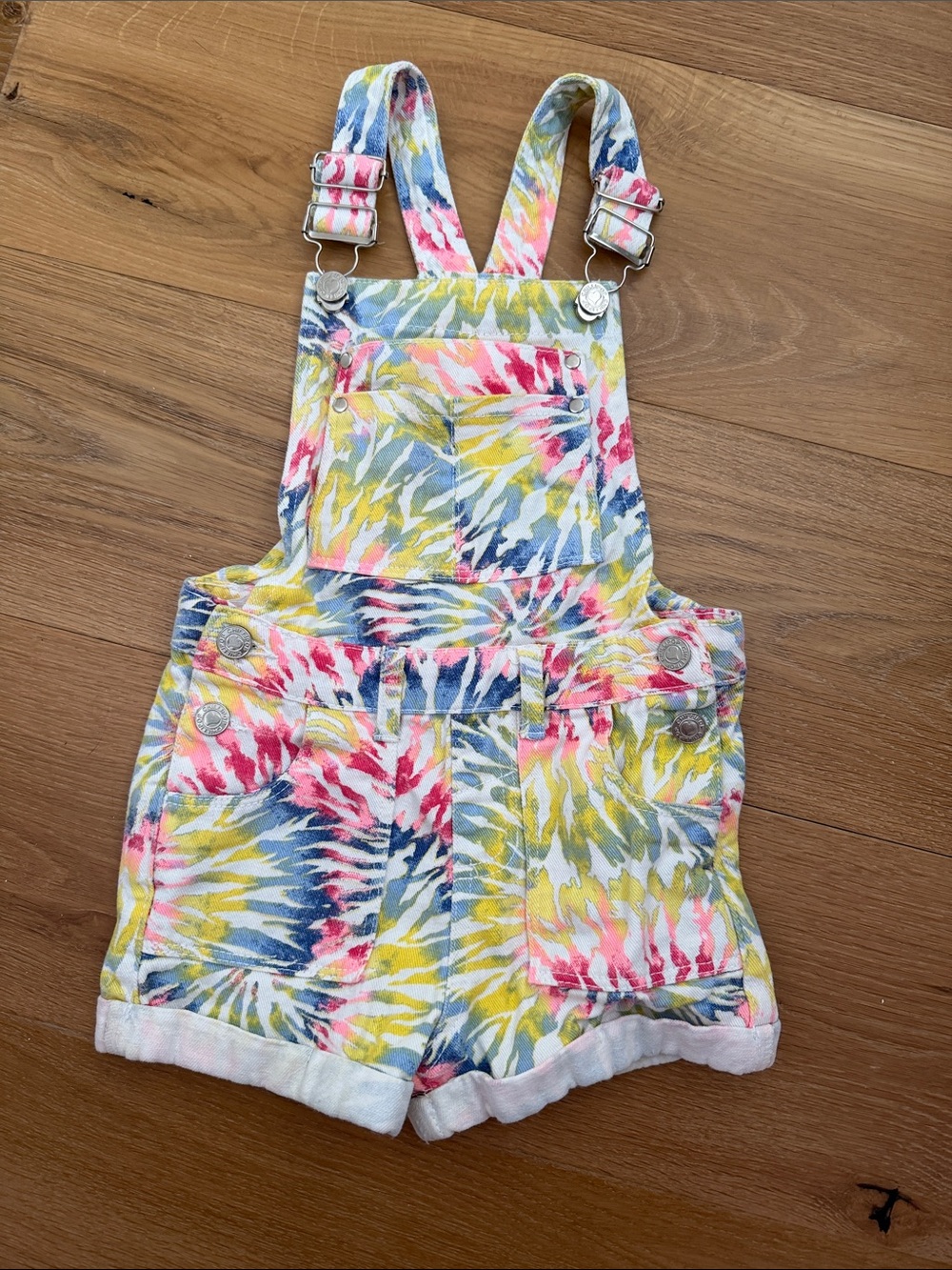 Kids Tie-Dye Short Overalls - Pink, Yellow & Blue
